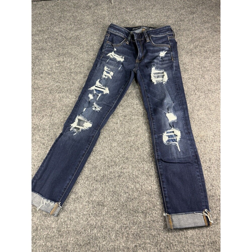 American Eagle Womens Size 0 Dark Wash Distressed Skinny Stretch Denim Cuffed